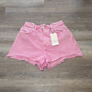 NWT Zara Hot pink acid wash distressed fringe button fly demin Size 12